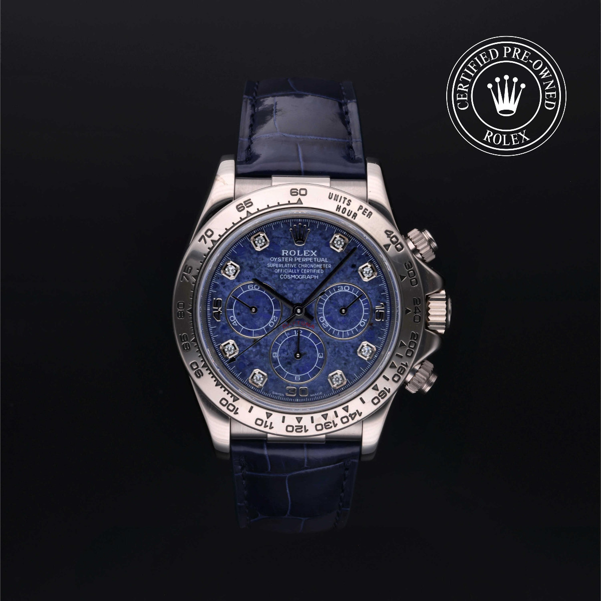 Rolex Certified Pre-Owned Oyster Perpetual Cosmograph Daytona 18k White Gold Sodalite Diamond Index Dial
