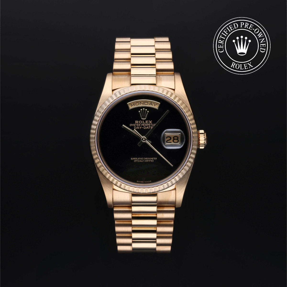 Rolex Certified Pre-Owned Oyster Perpetual Day-Date 36 Gold 18k Yellow Fluted Bezel Onyx Dial