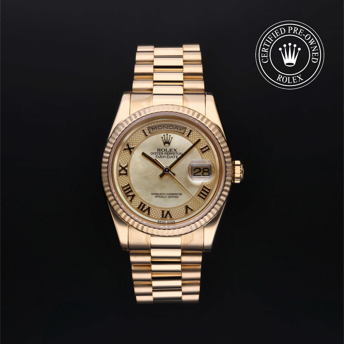 Rolex Certified Pre-Owned Day-Date 36 Gold 18k Yellow Gold Decorated Mother of Pearl Roman Dial
