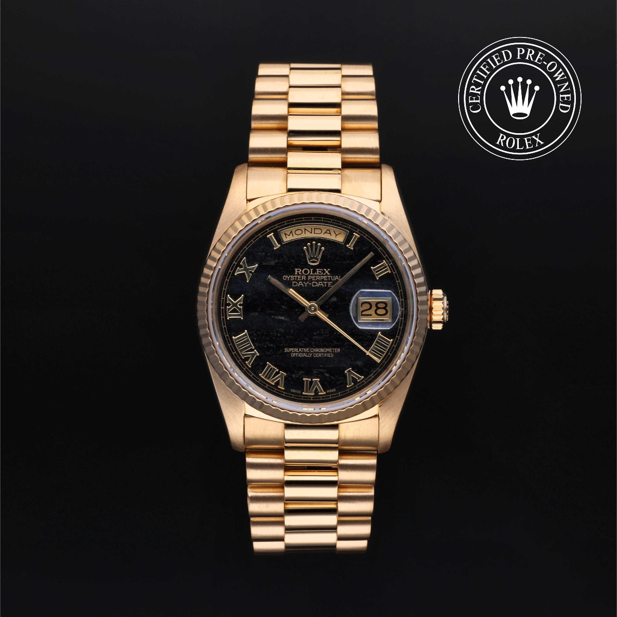 Rolex Certified Pre-Owned Oyster Perpetual Day-Date 36 Fluted Bezel Gold 18k Yellow Ferrite Dial
