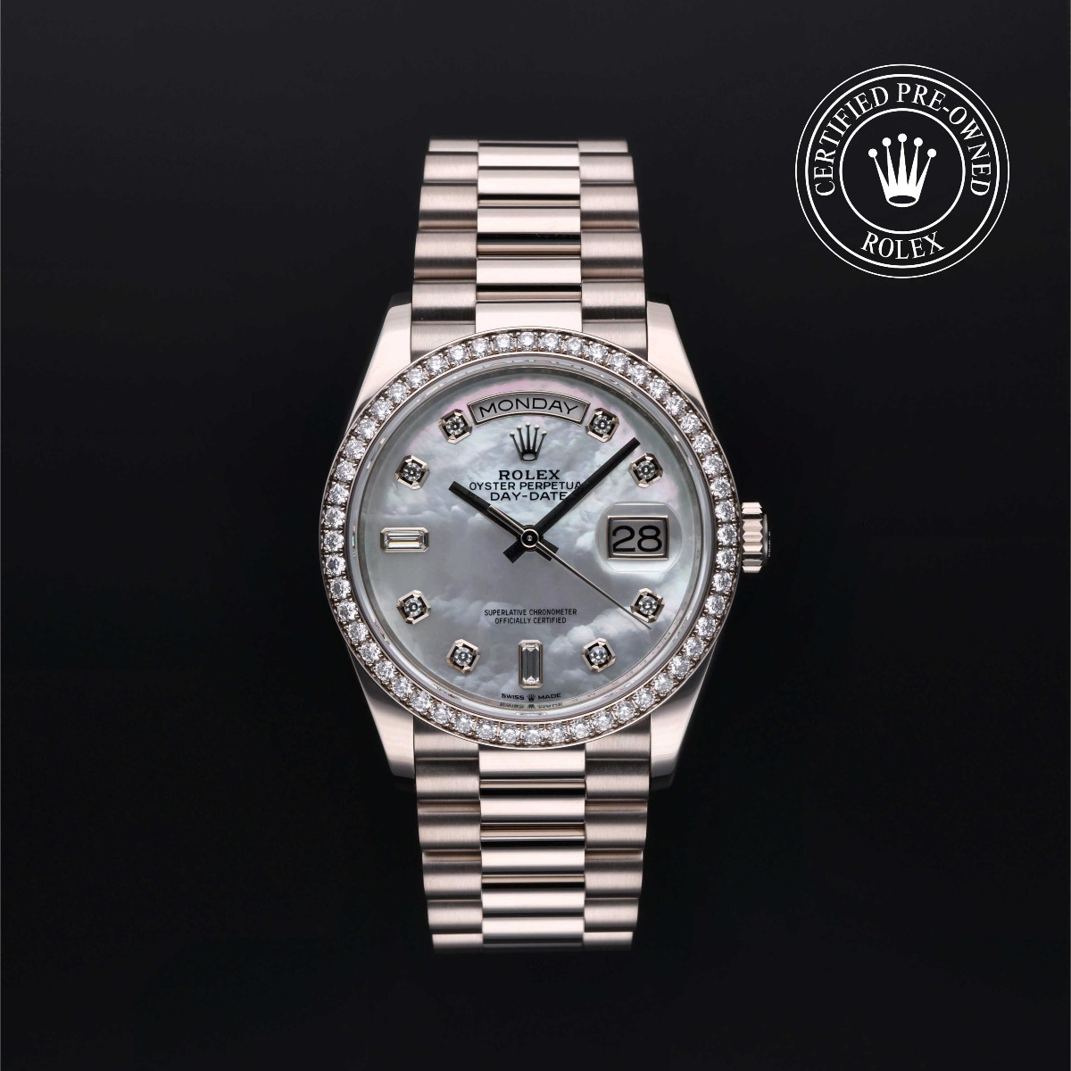 Rolex Certified Pre-Owned Day-Date 36 Gold 18k White Diamond Index White Mother of Pearl Dial