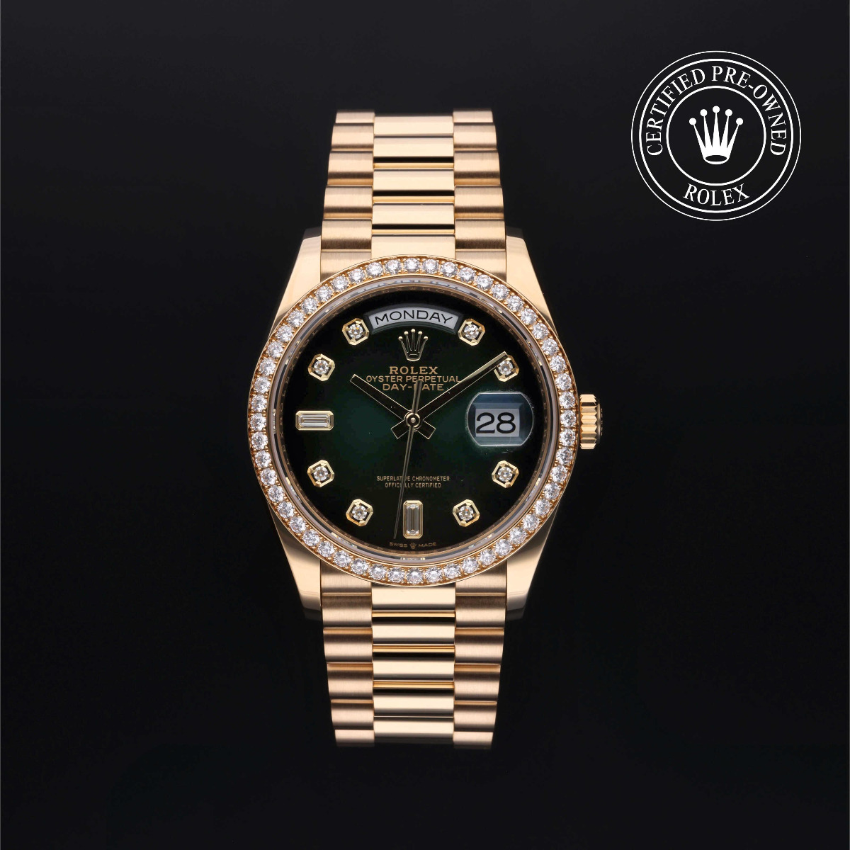 Rolex Certified Pre-Owned Day-Date 36 Gold 18k Yellow Diamond Bezel Green Ombre Diamond Index Dial