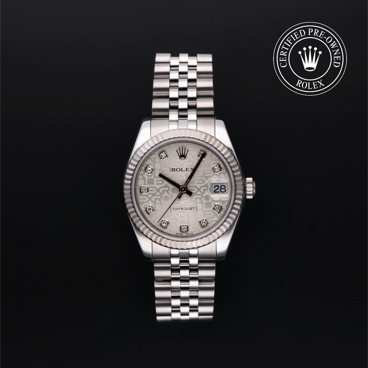 Rolex Certified Pre-Owned Datejust 31 Rolesor 18k White Fluted Bezel Silver Diamond Index Dial