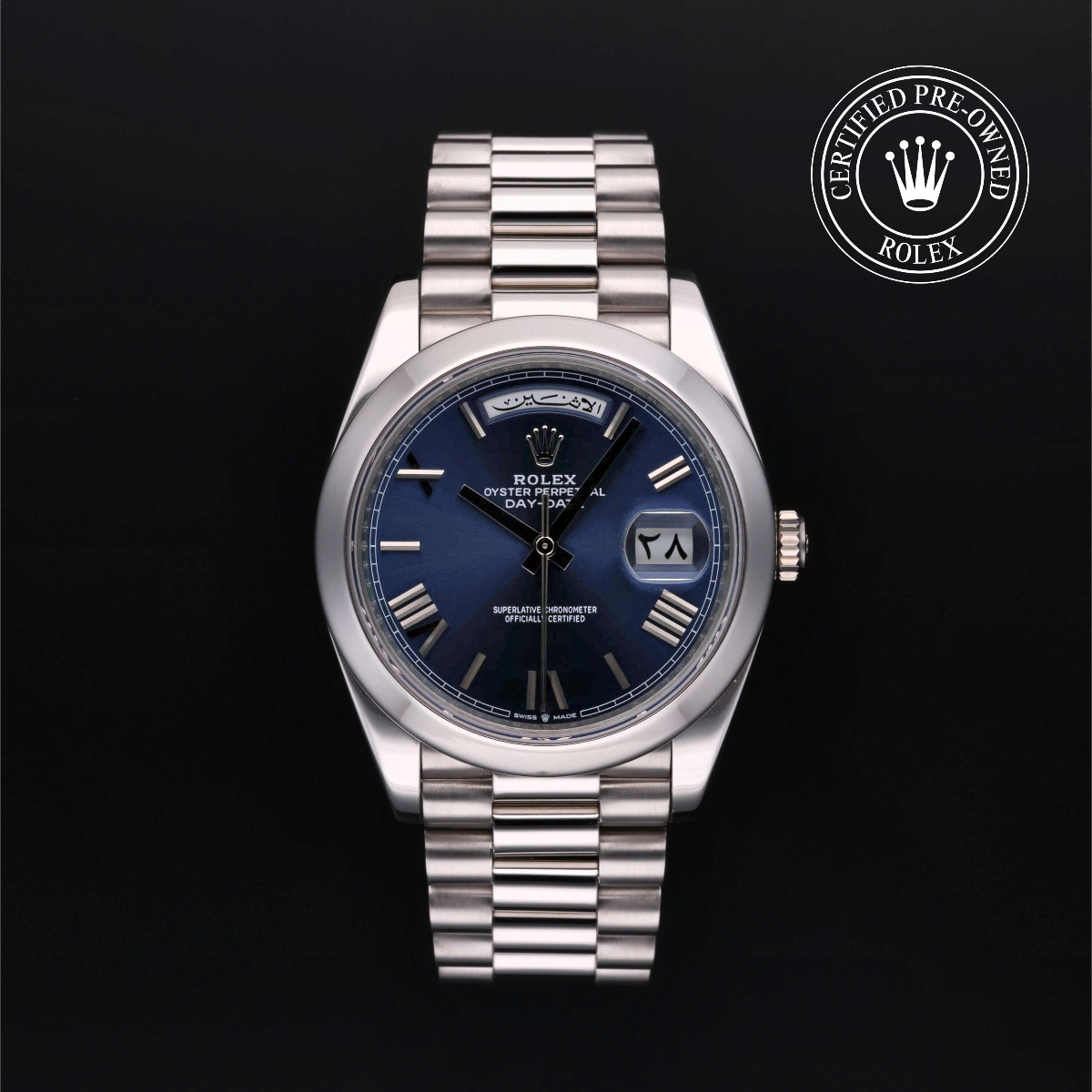 Rolex Certified Pre-Owned Day-Date 40 Platinum Roman Blue Dial Arabic Day