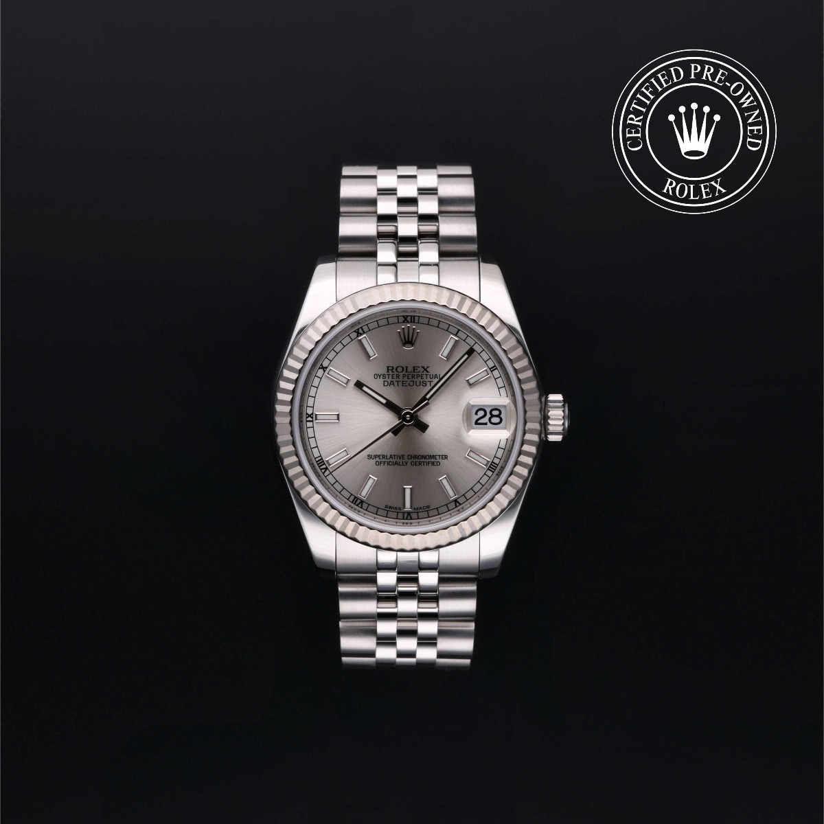 Rolex Certified Pre-Owned Datejust 31 Rolesor 18k White Fluted Bezel Silver Dial Year 2015