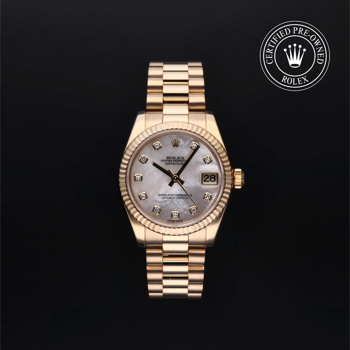 Rolex Certified Pre-Owned Datejust 31 Gold 18k Yellow White Mother of Pearl Diamond Index Dial