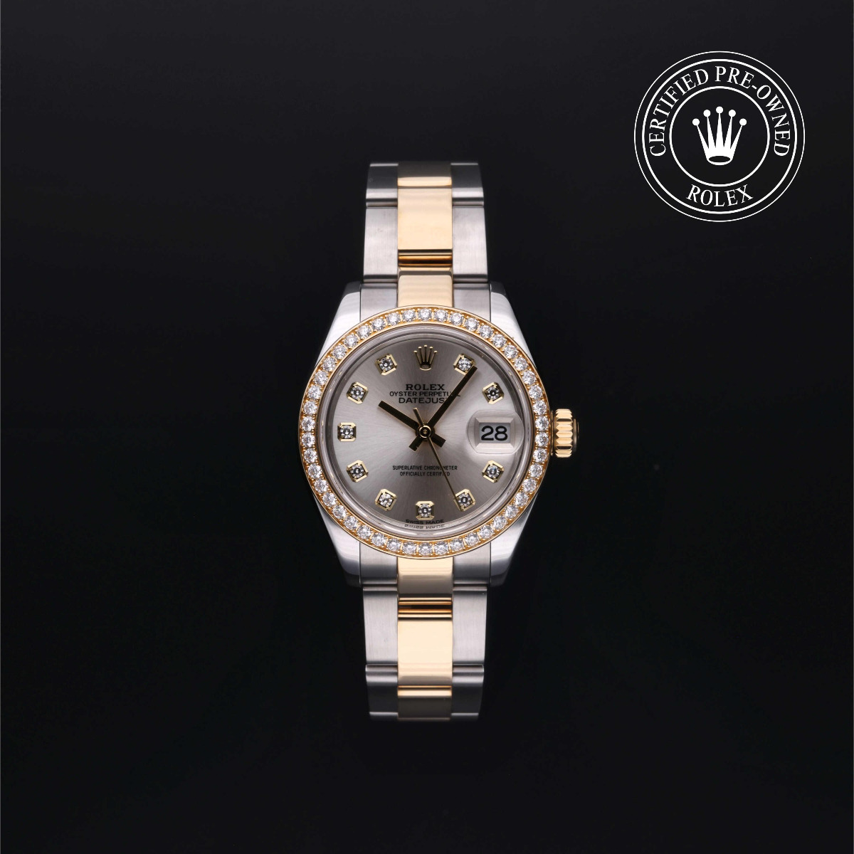 Rolex Certified Pre-Owned Lady-Datejust 28 Rolesor 18k Yellow Diamond Bezel Silver Diamond Index Dial