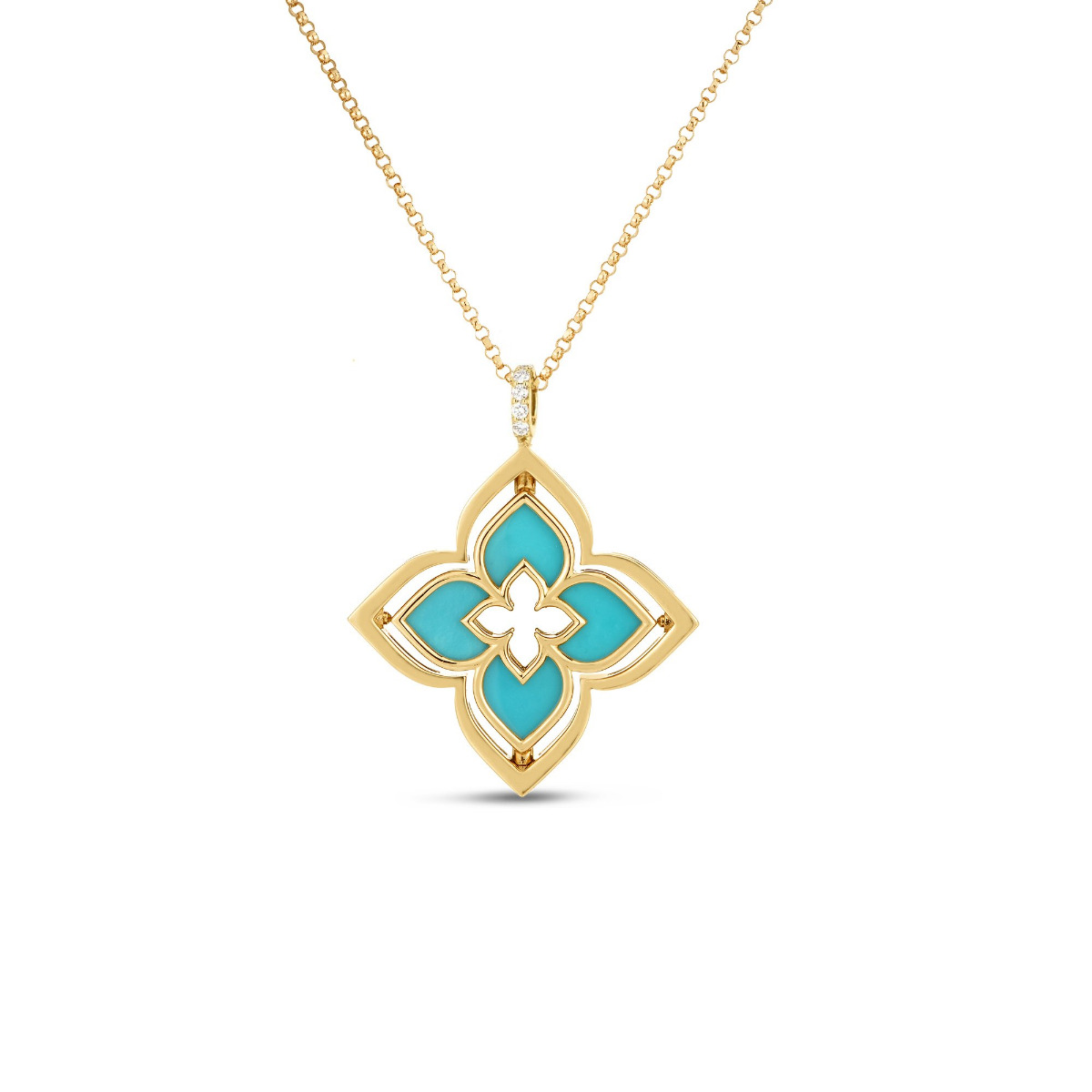Roberto Coin Venetian Princess Pirouette 18k Yellow Gold Diamond And Turquoise Flower Necklace