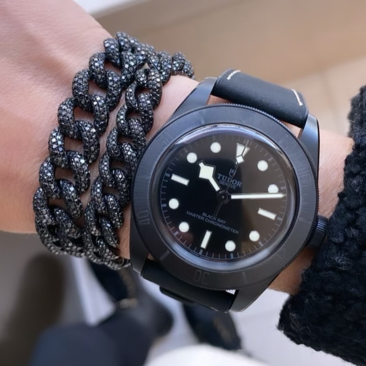 The @tudorwatch Black Bay with our London Collection black diamond curb link bracelets